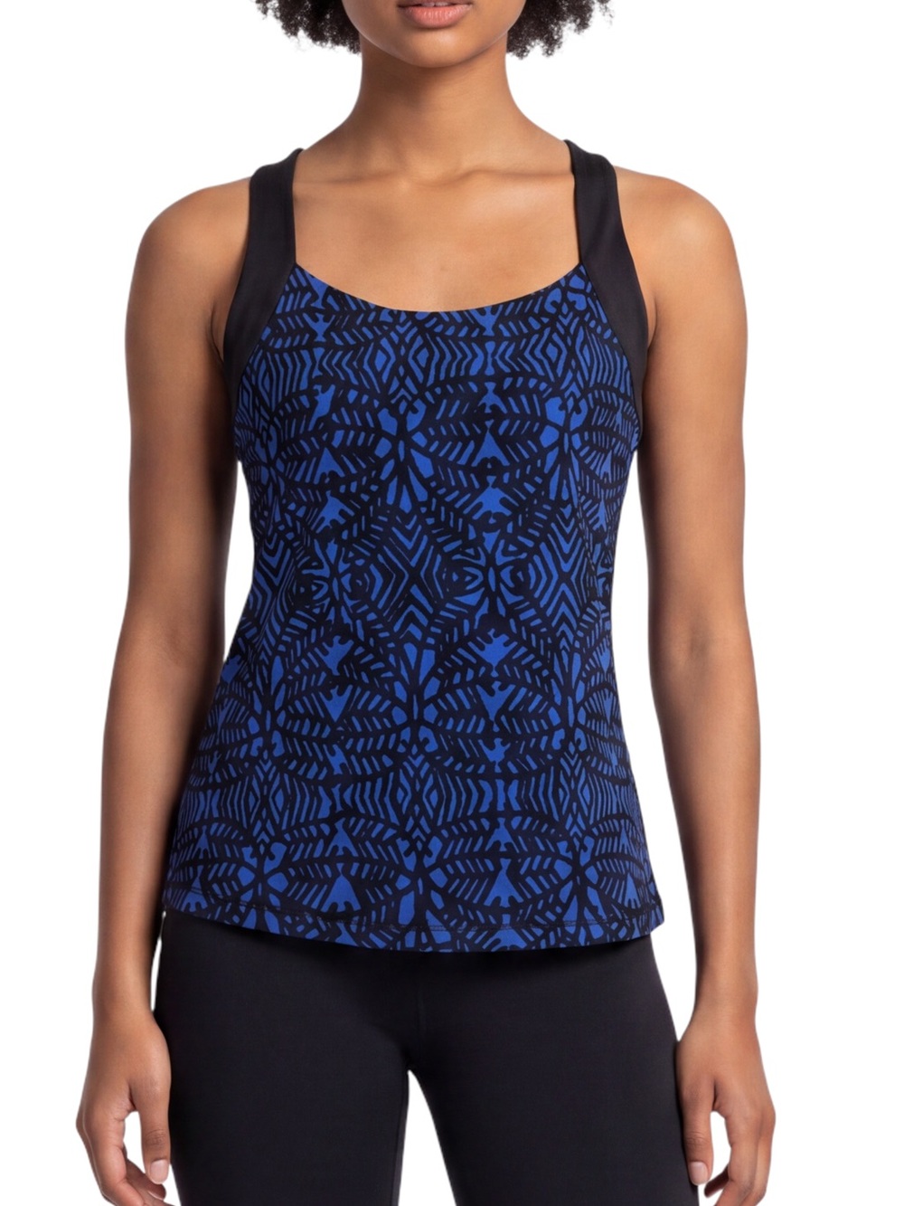 4/$20 Lucy Power Blue Black Print Crossback Athletic Tank Built In Bra Medium
